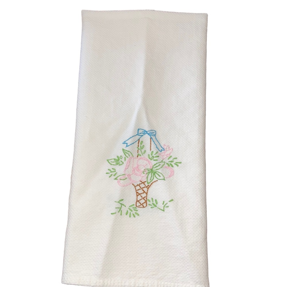 Vintage Tea Dish Hand Towel Hand  Embroidered Flower Basket Bow Pink Green